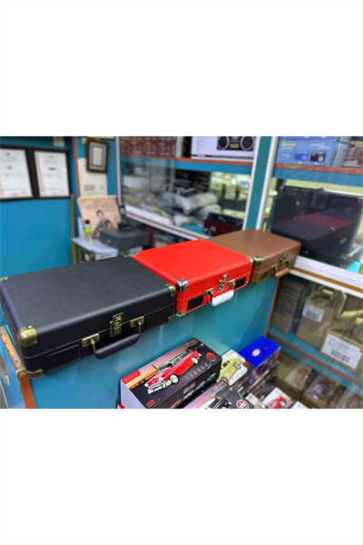 Kırmızı taşınabilir çantalı retro bluetooth hoparlörlü pikap radyo usb mp3 plak çalar
