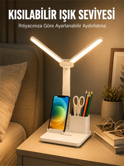 Kısılabilir LED Masa Lambası – Kalemlik, Telefon Standı ve Okuma Işığı Bir Arada Yeni Nesil