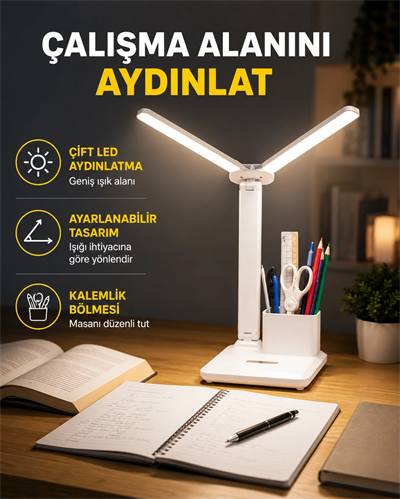 Kısılabilir LED Masa Lambası – Kalemlik ve Telefon Standlı, Göz Yormayan Işık Yeni Nesil