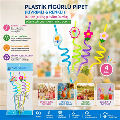 Kıvrımlı Renkli Plastik Pipet - Figürlü Tasarım - 4lü Paket