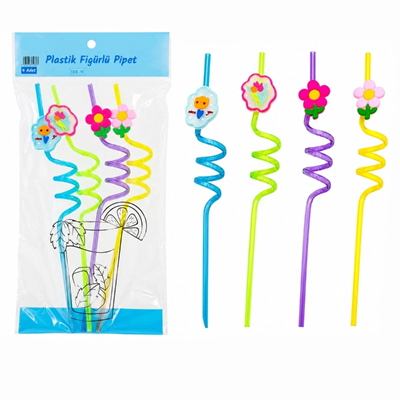 Kıvrımlı Renkli Plastik Pipet - Figürlü Tasarım - 4lü Paket