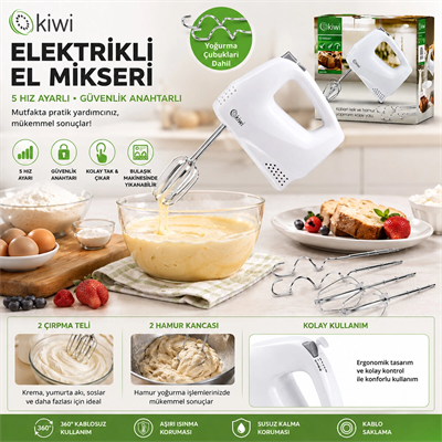 Kiwi Kmx-3608 Elektrikli El Mikseri 2pcs Metal Çırpma Aparatı - 2pcs Hamur Kancası 5 Kademe Hız Çırpıcı Çıkartma Düğmeli Bx40