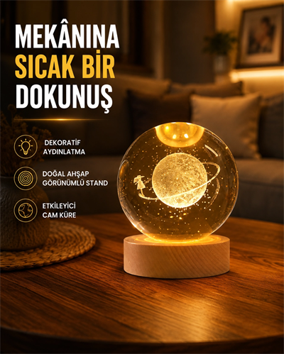 Kız Figürlü Sarı Cam Küre Işıklı Büyük Boy Ahşap Standlı Dekor