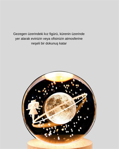 Kız Figürlü Sarı Cam Küre Işıklı Büyük Boy Ahşap Standlı Dekor