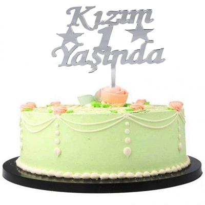 Kızım 1 Yaşında İlk Yaş Doğum Günü Partisi Pleksi Pasta Süsü Gümüş Renk (3936)
