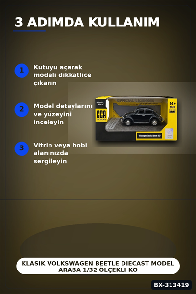 Klasik Volkswagen Beetle Diecast Model Araba 1/32 Ölçekli Koleksiyonluk BX-313419