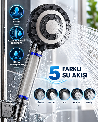 Klor ve Kireç Filtreli Duş Başlığı 5 Farklı Su Akışı Masaj Etkili Filtreli Duş Başlığı
