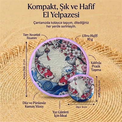 Koi Balığı Ve Kiraz Çiçeği Desenli Katlanabilir Cep Yelpazesi - Japon Stili Kılıflı El Yelpazesi Bx40