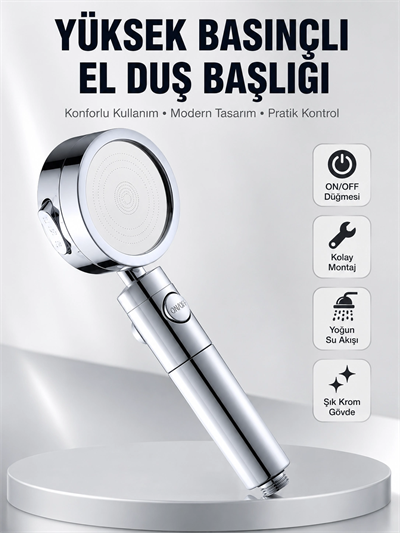 Kolay Montajlı 3 Modlu Yüksek Basınç Duş Başlığı