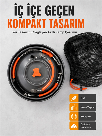 Kompakt Kamp Yemek Seti Alüminyum Tencere Tava Çaydanlık Taşıma Fileli Outdoor Set