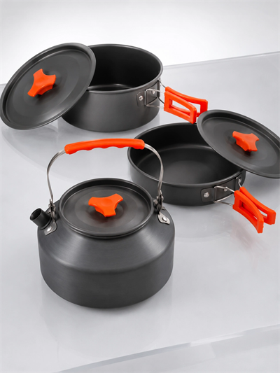 Kompakt Kamp Yemek Seti Alüminyum Tencere Tava Çaydanlık Taşıma Fileli Outdoor Set