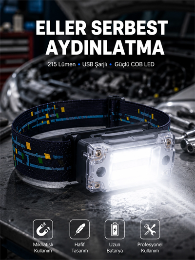 Kompakt LED Kafs Feneri USB Şarjlı Manyetik 2 Işık Modlu 215 Lümen Yeni Nesil