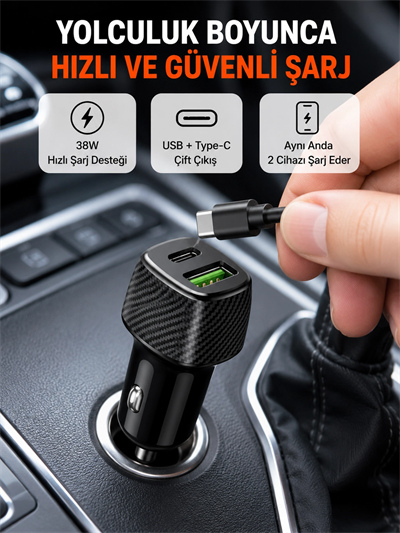 Kompakt Tasarımlı Type-C + USB Girişli Araç Şarj Başlığı