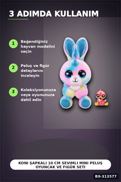 Koni Şapkalı 10 cm Sevimli Mini Peluş Oyuncak Ve Figür Seti - 1 Adet, 3+ Yaş BX-313577