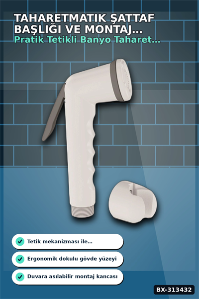 Köşeli Taharetmatik Şattaf Başlık - Beyaz Gri Plastik - Banyo Aksesuarı BX-313432