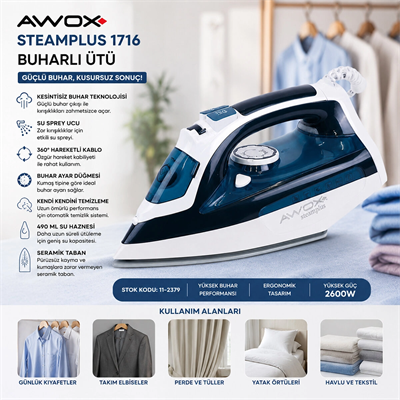 Koyu Mavi - Beyaz Buharlı Ütü Seramik Taban - 360° Hareketli Kablo - Buhar Ayarlama 2100w Steamplus-1716 Bx40