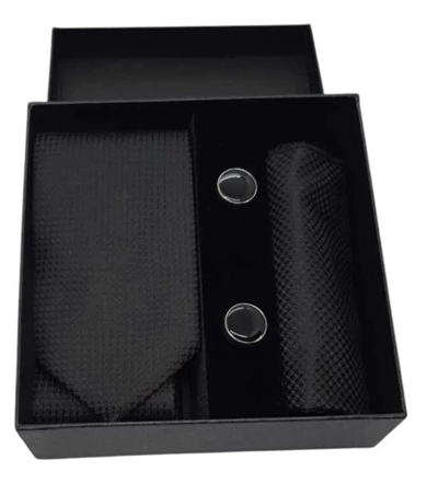 Kravat Düğme Set Siyah Desenli Kravat Mendil Kol Düğmesi Özel Set