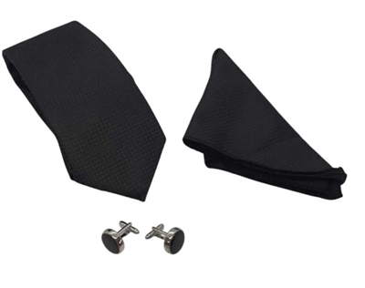 Kravat Düğme Set Siyah Desenli Kravat Mendil Kol Düğmesi Özel Set