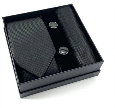 Kravat Düğme Set Siyah Desenli Kravat Mendil Kol Düğmesi Özel Set