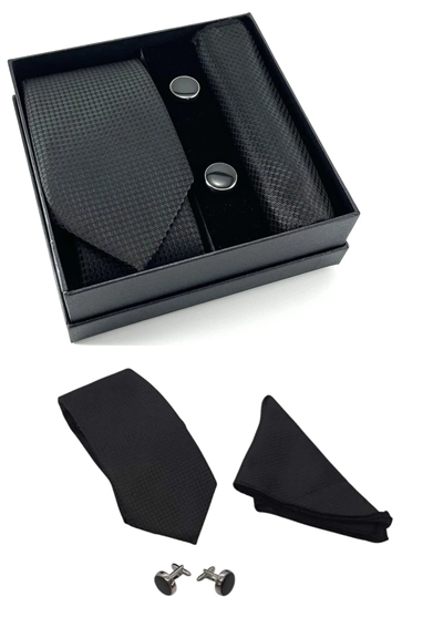 Kravat Düğme Set Siyah Desenli Kravat Mendil Kol Düğmesi Özel Set