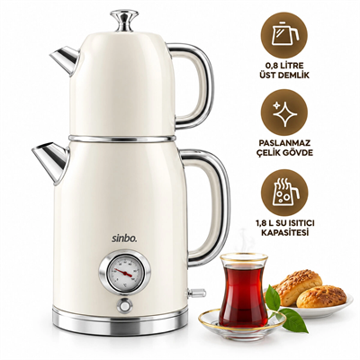 Krem Elektrikli Cam Demlikli Plastik Retro Çay Seti Çaycı Derece Göstergeli 1600w 1.8lt - 1lt Stm-5849 Bx40