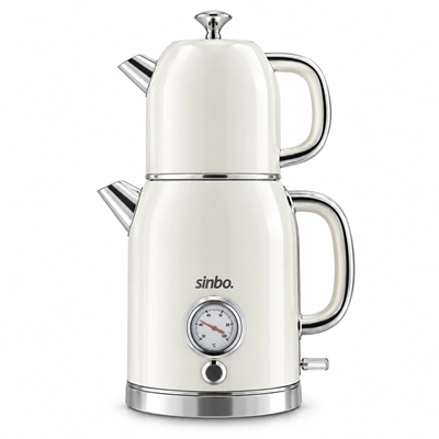 Krem Elektrikli Cam Demlikli Plastik Retro Çay Seti Çaycı Derece Göstergeli 1600w 1.8lt - 1lt Stm-5849 Bx40