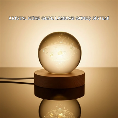 Kristal Gezegen Küre Ahşap Tabanlı USB Işıklı Gece Lambası