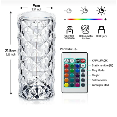 Kristal LED Kumandalı Ve Dokunmatik Masa Lambası
