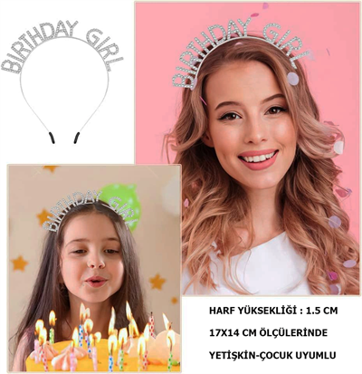 Kristal Taşlı Gümüş Birthday Girl Yazılı Doğum Günü Parti Tacı 19x11 Cm Bx40
