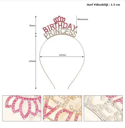 Kristal Taşlı Pembe Birthday Princess Yazılı Parti Tacı 19x11 cm (3936)