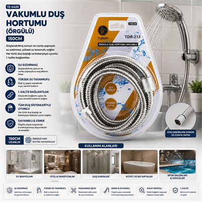 Krom - Örgülü Vakumlu Duş Hortumu 150cm Vakumlu Ambalaj Bx40