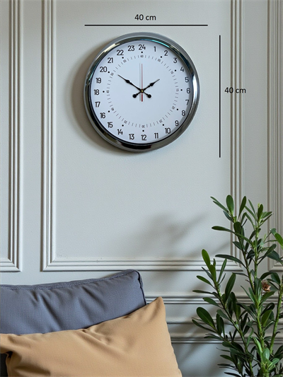 Krom 40 Cm Metal 24 Saat Göstergeli Özel Tasarım Duvar Saati