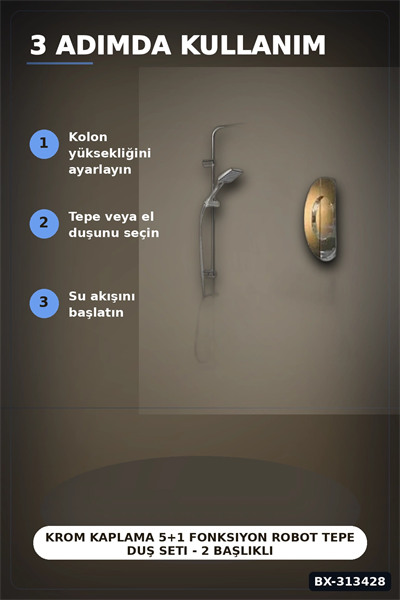 Krom Kaplama 5+1 Fonksiyon Robot Tepe Duş Seti - 2 Başlıklı Banyo Takımı BX-313428