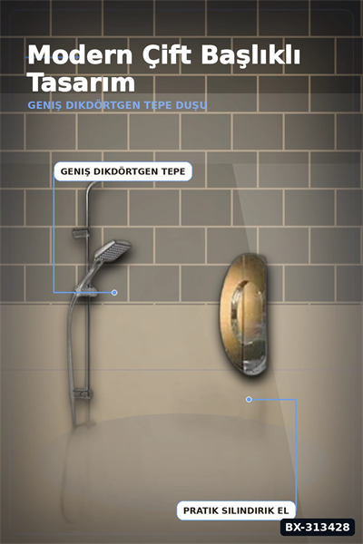 Krom Kaplama 5+1 Fonksiyon Robot Tepe Duş Seti - 2 Başlıklı Banyo Takımı BX-313428