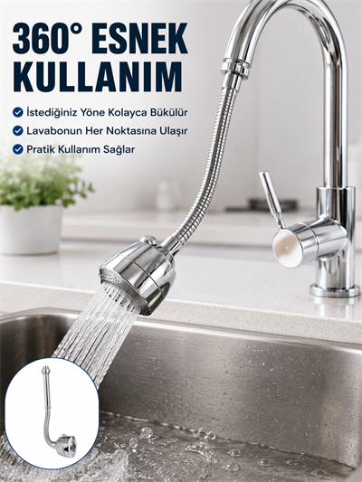 Krom Musluk Uzatma Aparatı  360° Dönebilen Su Tasarruflu Lavabo Fıskiyesi