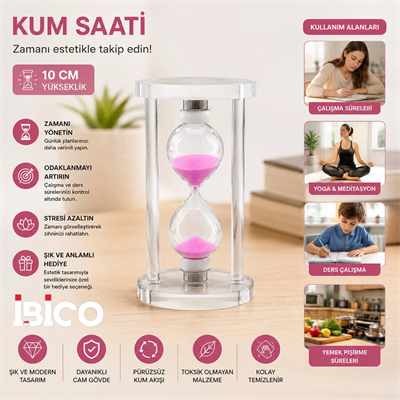 Küçük Cam Kum Saati Cam Standlı= Çap: 6cm-yükseklik: 10cm Bx40