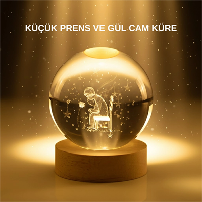 Küçük Prens Cam Küre USB Işıklı Ahşap Standlı Büyük Boy