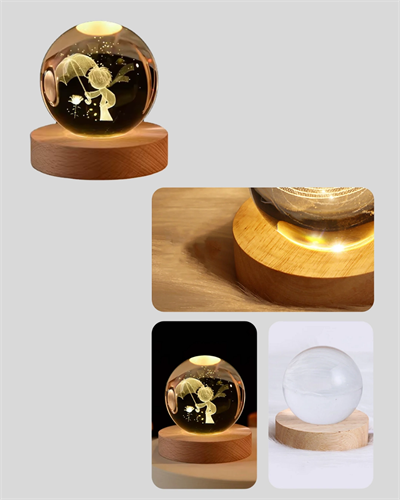 Küçük Prens Figürlü 3D Kristal Top Sıcak Işıklı USB Ahşap Tabanlı Dekor Lamba