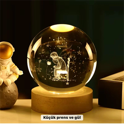 Küçük Prens Temalı Büyük Boy Işıklı Cam Küre Ahşap Stand