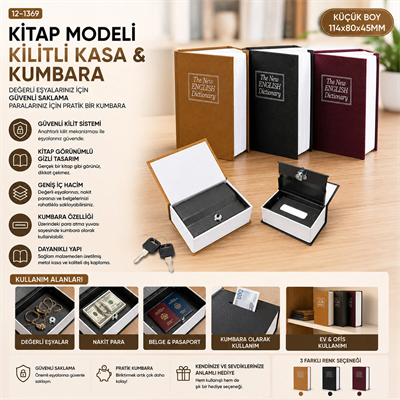 Küçük=114x80x45mm Kitap Modeli Kilitli Kasa - Kumbara Renkli Bx40