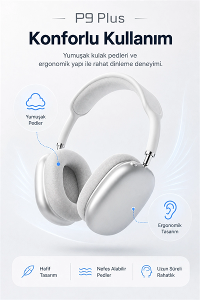 Kulak Üstü Kablosuz Bluetooth Kulaklık Yumuşak Pedli Mikrofonlu Günlük Kullanım