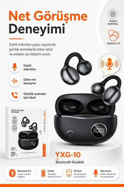 Kulak Üstü Klipsli Kablosuz Stereo Kulaklık Dokunmatik Kontrollü Şarj Kutulu