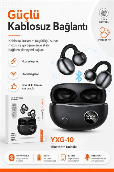 Kulak Üstü Klipsli Kablosuz Stereo Kulaklık Dokunmatik Kontrollü Şarj Kutulu