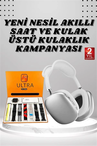 Kulak Üstü P9 Kablosuz Bluetooth Kulaklık ve 7 Kordonlu Akıllı Saat