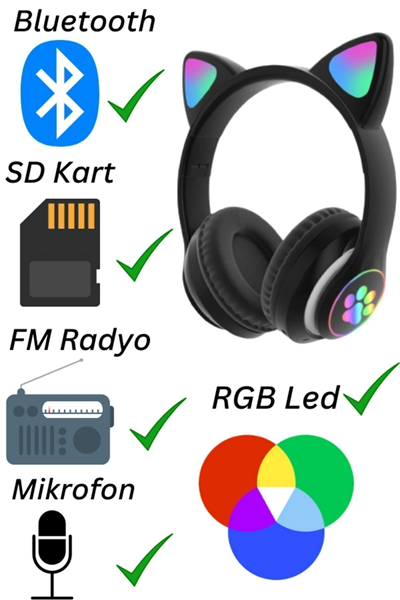 Kulak üstü Bluetooth 5.0 gri kedili kulaklık mikrofonlu FM radyo SD kart AUX RGB ışıklı