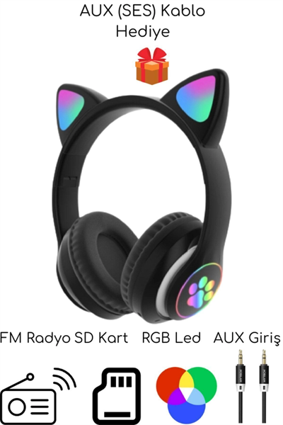 Kulak üstü Bluetooth 5.0 gri kedili kulaklık mikrofonlu FM radyo SD kart AUX RGB ışıklı