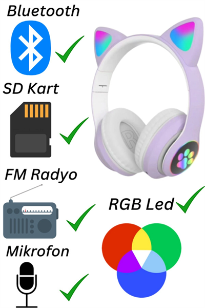 Kulak üstü Bluetooth kulaklık mor renk ANC mikrofon FM radyo SD kart aux girişli