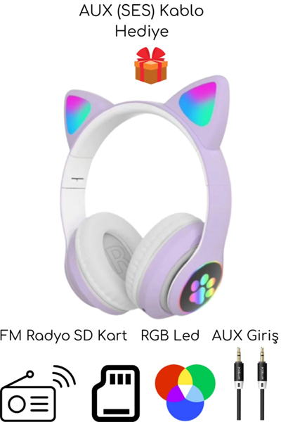 Kulak üstü Bluetooth kulaklık mor renk ANC mikrofon FM radyo SD kart aux girişli