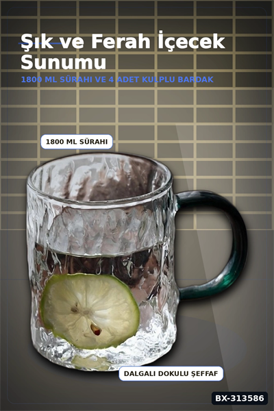 Kulplu 1800 ml Cam Sürahi Ve 350 ml 4 Bardak Seti - 5 Parça Şeffaf BX-313586