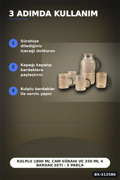 Kulplu 1800 ml Cam Sürahi Ve 350 ml 4 Bardak Seti - 5 Parça Şeffaf BX-313586